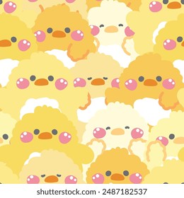 Repeat.Seamless pattern of cute chicken doll in various poses background.Farm animal character cartoon design.Image for card,sticker,paper note,baby product.Kawaii.Vector.Illustration.