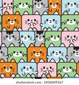 Repeat.Seamless pattern of cute colorful cat in square shape background.Pet animal character cartoon design.Meow lover.Print screen.Kawaii.Vector.Illustration.