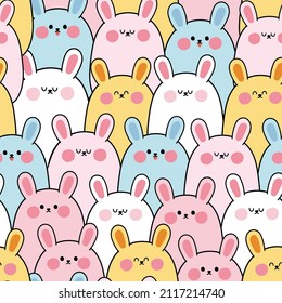 Repeat.Seamless pattern of cute colorful rabbit cartoon background.Animals character design.Easter.Kid graphic.Baby clothing.Vector.Illustration.