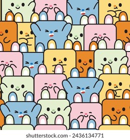 Repeat.Seamless pattern of cute colorful various poses  rabbit in square shape background.Rodent animal character cartoon design.Print screen.Easter.Bunny.Kawaii.Vector.Illustration.