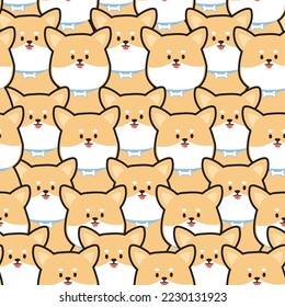 Repeat.Seamless pattern of cute corgi dog background.Pet cartoon hand drawn.Animal character design.Image for card,poster,sticker.Kawaii.Vector.Illustration.