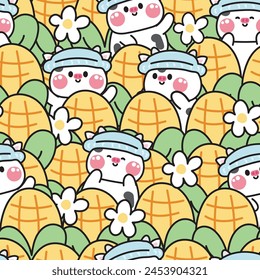 Repeat.Seamless pattern of cute cow in various poses with big corn and flower background.Animal farm character cartoon design.Spring.Nature.Farmer.Kawaii.Vector.Illustration.