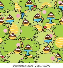 Repeat.Seamless pattern of cute crocodile with cherry pudding cake in various poses background.Sweet and dessert.Reptile animal character cartoon.Image for card,sticker,baby clothing,print screen.