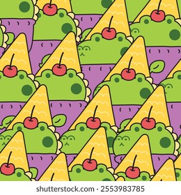 Repeat.Seamless pattern of cute crocodile green tea ice cream flavor with cherry and cone background.Sweet and dessert.Reptile animal cartoon hand drawn.Kawaii.Vector.Illustration.