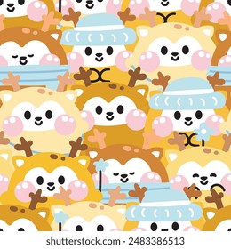 Repeat.Seamless patrón de ciervos lindos forma redonda varios sentimiento fondo.Wild personaje de animales dibujos animados.Imagen para la tarjeta, camiseta de impresión de la pantalla, ropa de bebé.Kawaii.Vector.Illustración