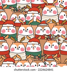 Repeat.Seamless pattern of cute deer wear santa claus hat background.Animal character cartoon design.Merry christmas concept.Kawaii.Vector.Illustration.