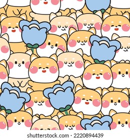 Repeat.Seamless pattern of cute dog with blooming flower cartoon.Pet character design.Animal hand drawn.Image for card,baby product,sticker,print screen.Kawaii.Vector.Illustration.