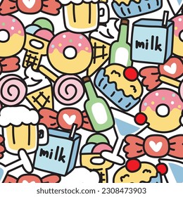 Repeat.Seamless pattern of cute food on background.Dessert and sweet hand drawn.Drinking.Kawaii.Vector.Illustration.