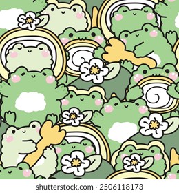 Repeat.Seamless pattern of cute frog various poses in roll cake concept.Bakery,cake,dessert,sweet,flower hand drawn.Reptile animal character cartoon design.Kawaii.Vector.Illustration.