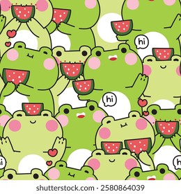 Repeat.Seamless pattern of cute frog with watermelon fruit in various poses background.Summer.Reptile animal character cartoon.Image for card,sticker,baby clothing,print screen.Kawaii.Vector.