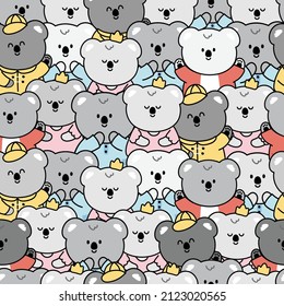 Repeat.Seamless pattern of cute happy koala bear in costume background.Animal character design.Image for card,poster,baby clothing.Kawaii.Vector.Illustration.