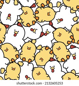 Repeat.Seamless pattern of cute hen and chicken cartoon.Animal character graphic design.Image for card,sticker,kid clothing.Kawaii.Vector.Illustration.