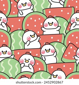 Repeat.Seamless pattern of cute hen in various poses with big watermelon fruit background.Farm chicken animal character cartoon design.summer.fresh.Kawaii.Vector.Illustration.