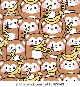 Repeat.Seamless pattern of cute monkey with banana in various poses on white background.Wild animal character cartoon design collection.Image for card,poster,baby clothing.Kawaii.Vector.Illustration.