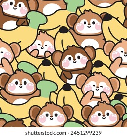 Repeat.Seamless pattern of cute monkey greeting with big banana background.Wild animal character cartoon design.Fruit.Image for card,poster,baby clothing.Kawaii.Vector.Illustration.