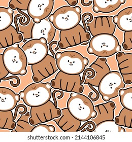 Repeat.Seamless pattern of cute monkey sit cartoon.Image for card,poster,baby clothing,sticker.Kid graphic design.Kawaii.Vector.Illustration.