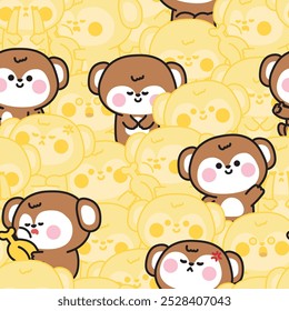 Repeat.Seamless pattern of cute monkey in various feeling line hand drawn yellow background.Emotional.Banana.Wild animal character cartoon.Kawaii.Vector.Illustration.