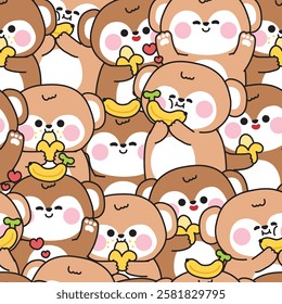 Repeat.Seamless pattern of cute monkey in various poses with banana fruit background.Wild animal character cartoon.Image for card,sticker,baby clothing,print screen.Kawaii.Vector.Illustration.