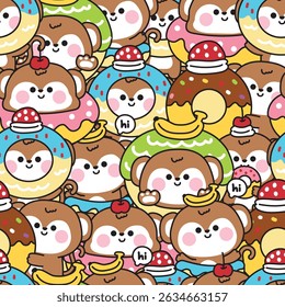 Repeat.Seamless pattern of cute monkey in various poses and feeling background.Bakery and dessert.Donut,banana,strawberry,cherry.Wild animal character cartoon design.Kawaii.Vector.Illustration