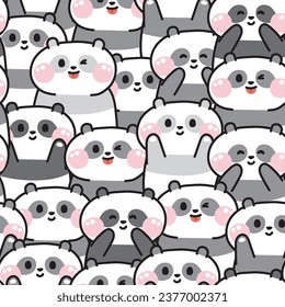 Repeat.Seamless pattern of cute panda bear with in various poses background.Wild animal character cartoon design.Image for card,poster,baby clothing,sticker.Kawaii.Vector.Illustration