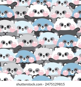 Repeat.Seamless pattern of cute panda teddy bear round pastel background.Various poses and feeling.Chinese wild animal character cartoon design.Image for card,poster,baby clothing.Kawaii.Illustration