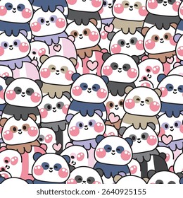 Repeat.Seamless pattern of cute panda teddy bear stay on top each other greeting with heart background.Chinese wild animal character cartoon design.Relax.Lay.Kawaii.Vector.Illustration.
