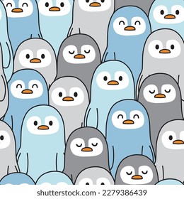 Repeat.Seamless pattern of cute penguin background.Animal character cartoon desing.Bird.Image for card,sticker,baby cothing.Kawaii.Vector.Illustration.