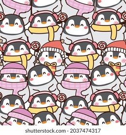 Repeat.Seamless pattern of cute penguin cartoon background.Animal character design.Image for wallpaper,banner,card,baby cloth,gift paper wrap.Kid graphic.Kawaii.Vector.Illustration.