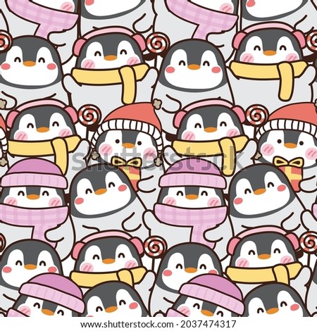 Repeat.Seamless pattern of cute penguin cartoon background.Animal character design.Image for wallpaper,banner,card,baby cloth,gift paper wrap.Kid graphic.Kawaii.Vector.Illustration.