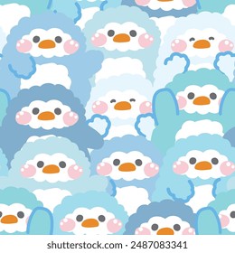 Repeat.Seamless patrón de muñeca de pingüino lindo en varias poses de fondo.Bird personaje de dibujos animados diseño.Imagen para tarjeta, pegatina, ropa de bebé.Kawaii.Vector.Illustración.