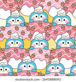 Repeat.Seamless pattern of cute penguin have whipping cream strawberry flavor donut background.Sweet and dessert.Bakery.Polar bird animal character cartoon design.Kawaii.Vector.Illustration.