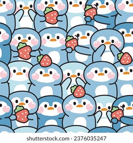 Repeat.Seamless pattern of cute penguin with strawberry in various poses background.Bird animal character cartoon design.Image for card,poster,baby clothing.Kawaii.Vector.Illustration.