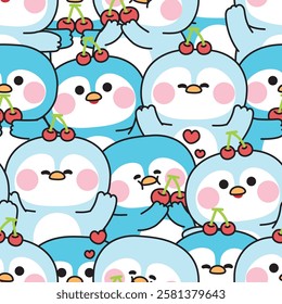 Repeat.Seamless pattern of cute penguin in various poses with cherry fruit background.Polar bird animal character cartoon.Image for card,sticker,baby clothing,print screen.Kawaii.Vector.Illustration.