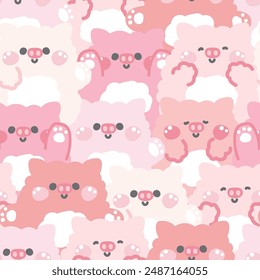 Repeat.Seamless patrón de la muñeca de cerdo lindo en varias poses background.Farm animal personaje dibujos animados design.Imagen para tarjeta, etiqueta, nota de papel, producto de bebé.Kawaii.Vector.Illustración.