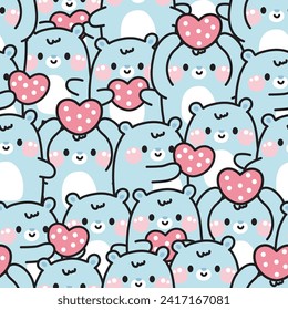 Repeat.Seamless pattern of cute polar bear with heart in various poses background.Wild animal character cartoon design.Baby clothing.Valentines day.Teddy hand drawn.Kawaii.Vector.illustration.