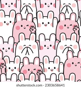 Repeat.Seamless pattern of cute rabbit background.Pet animal character cartoon design.Image for card,poster,baby clothing.Kawaii.Vector.Illustration.