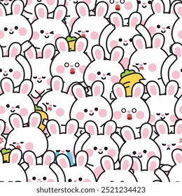 Repeat.Seamless pattern of cute rabbit bunny in various feeling and poses background.Emotional.Easter.Rodent animal character cartoon design.Kawaii.Vector.Illustration.