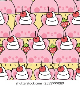 Repeat.Seamless pattern of cute rabbit bunny strawberry ice cream flavor with cherry and whipping cream background.Sweet and dessert.Rodent animal cartoon hand drawn.Kawaii.Vector.Illustration.