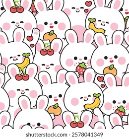 Repeat.Seamless pattern of cute rabbit with fruits in various poses background.Easter.Rodent pet farm animal cartoon.Image for card,sticker,baby clothing,print screen.Kawaii.Vector.Illustration.