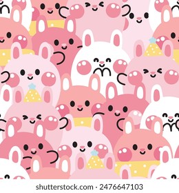 Repeat.Seamless pattern of cute rabbit round shape various feeling background.Bunny.Easter.Rodent animal character cartoon.Image for card,t shirt print screen,baby clothing.Kawaii.Vector.Illustration