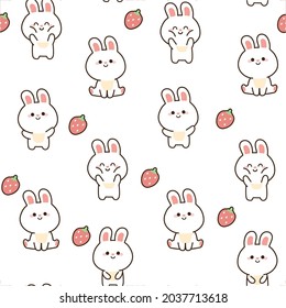 Repeat.Seamless pattern of cute rabbit with strawberry cartoon on white background.Character design.Image for wallpaper,banner,card,baby cloth,gift paper wrap.Kid graphic.Kawaii.Vector.Illustration.