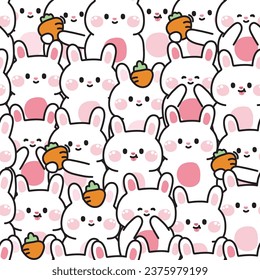 Repeat.Seamless pattern of cute rabbit in various poses background.Rodent animal character cartoon design.Easter.Image for card,poster,baby clothing.Kawaii.Vector.Illustration.