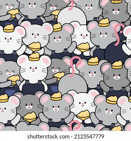 Repeat.Seamless pattern of cute rat with cheese cartoon background.Mouse hand drawn.Image for card,poster,baby clothing.Kawaii.Vector.Illustration.