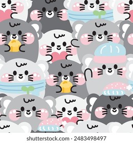 Repeat.Seamless pattern of cute rat round shape various poses background.Mouse.Rodent animal character cartoon.Image for card,t shirt print screen,baby clothing.Kawaii.Vector.Illustration