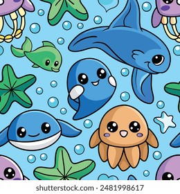 Repeat.Seamless pattern with cute sea creatures like dolphins, starfish, jellyfish, and turtle. Image for card,baby product,sticker,print