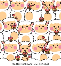 Repeat.Seamless pattern of cute sheep in various poses with bubble milk tea background.Sweet.Farm animal character cartoon.Image for card,sticker,baby clothing,print screen.Kawaii.