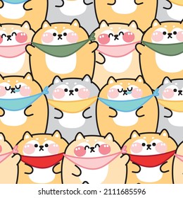 Repeat.Seamless pattern of cute shiba inu dog greeting cartoon.Animal character design.Japanese pet.Kawaii.Vector.Illustration.