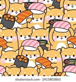 Repeat.Seamless pattern of cute shiba inu dog with sushi in various poses background.Japanese pet animal character cartoon design collection.Asian food.Kawaii.Vector.Illustration.