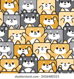 Repeat.Seamless pattern of cute shiba inu dog various poses in square shape background.Japanese pet animal character cartoon design.Print screen.Baby graphic.Clothing.Kawaii.Vector.Illustration.