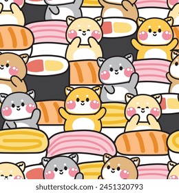 Repetir. Patrón sin fisuras de lindo saludo de perro shiba inu con gran fondo de sushi. Diseño de dibujos animados de carácter animal de mascota japonés. Comida. Imagen para tarjeta, póster, ropa de bebé. Kawaii. Vector. Ilustración.